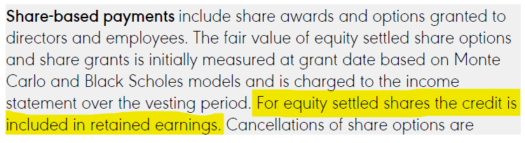 Accounting policy of Diageo plc for recording the credit entry in share-based payments directly in retained earnings.